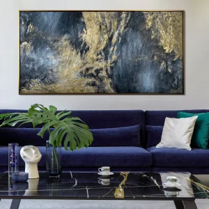 Abstracte canvasprints Reflections II – moderne kunstwerken met gouden accenten en lijst