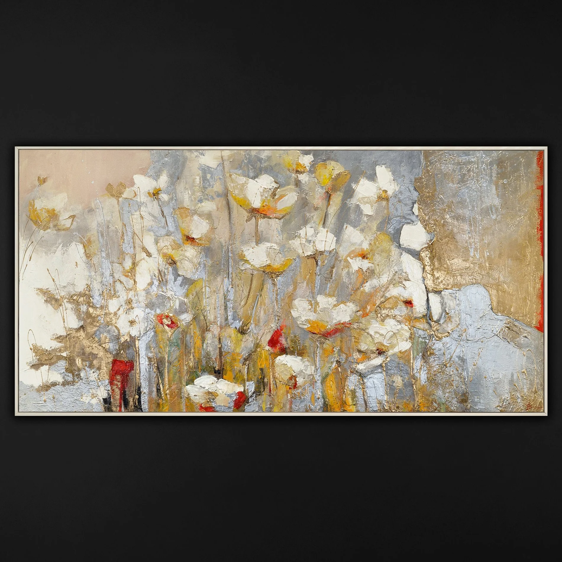 Moderne acryl schilderijen lentegeur - handgeschilderde bloemen op canvas met gouden accenten met lijst - Afbeelding 8