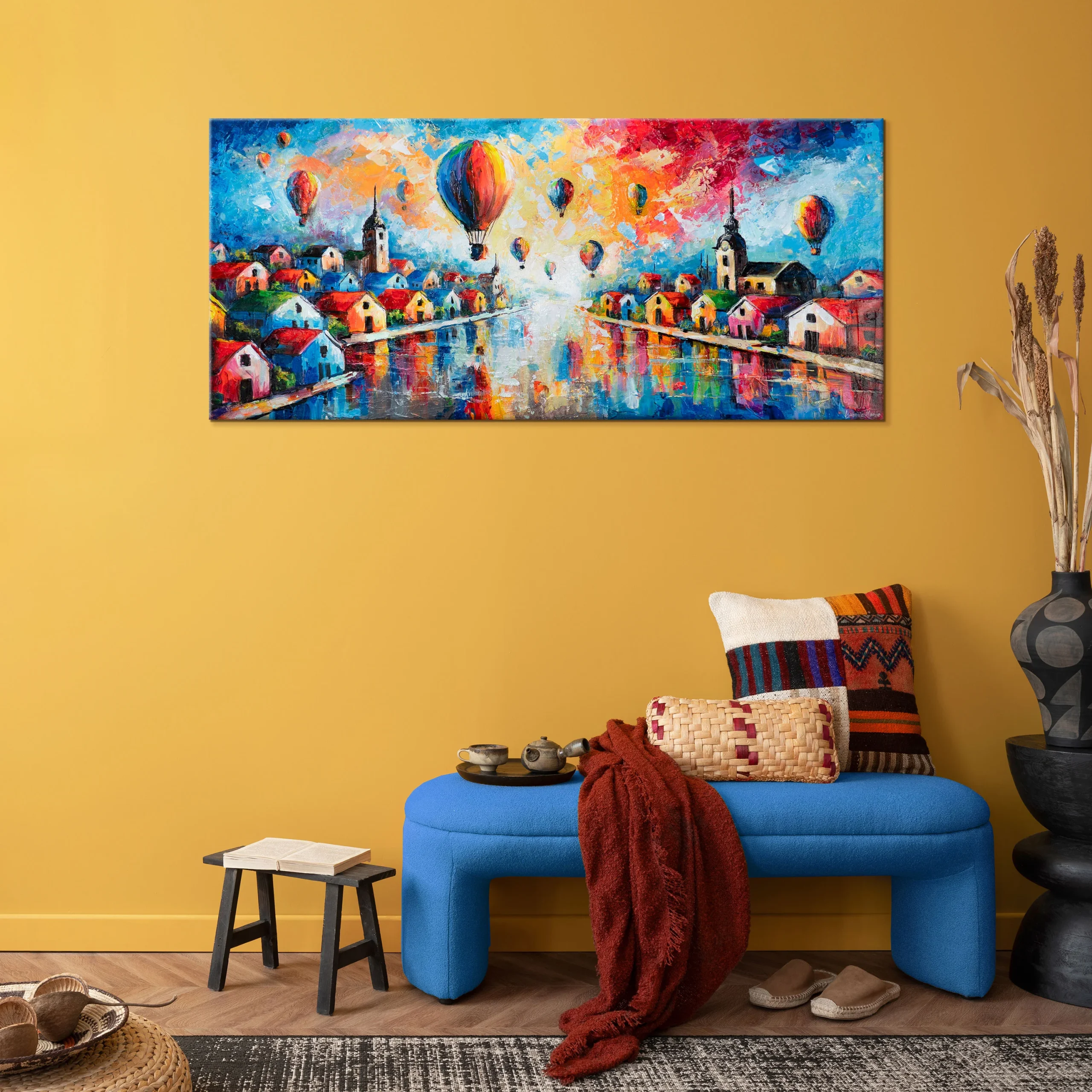 Abstract handgeschilderd acryl schilderij op canvas "Hemelse Afstanden" 115x50cm - Afbeelding 2