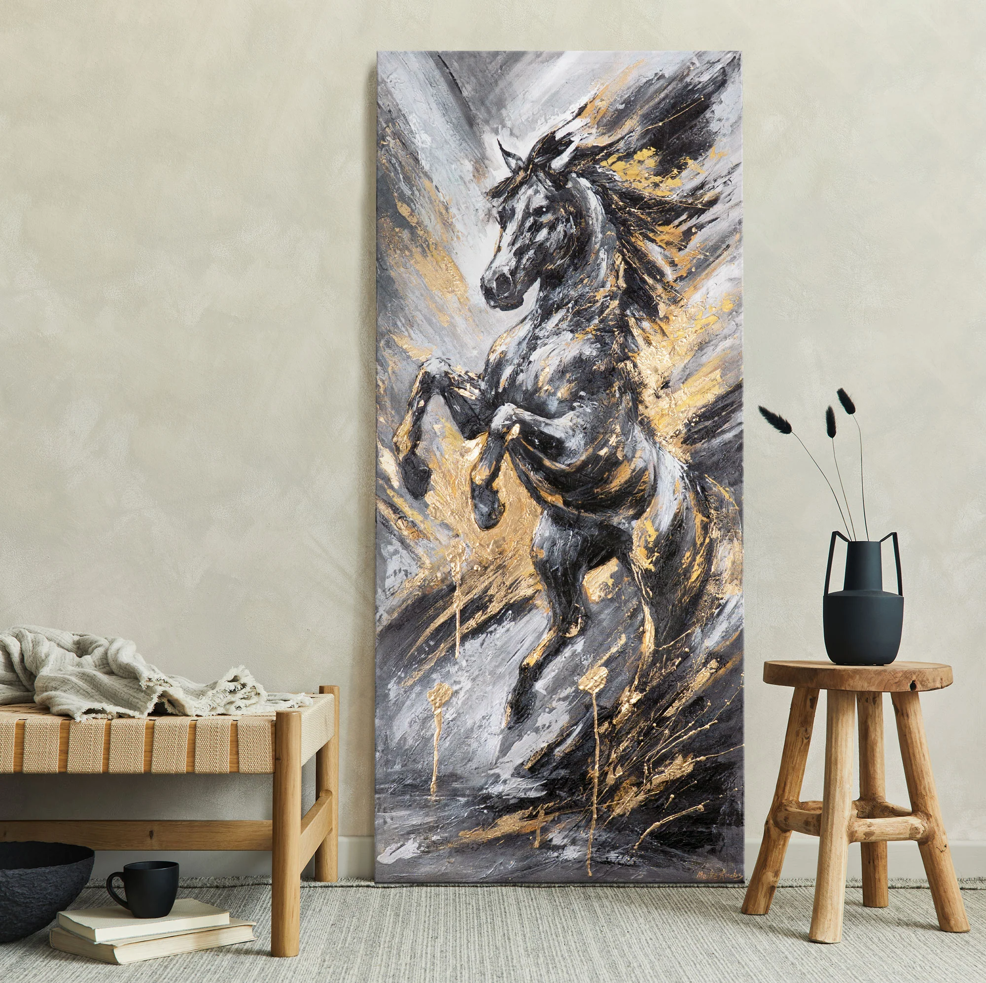 Acrylverf op doek "Explosie van Vrijheid" modern paardenschilderij 115x50cm